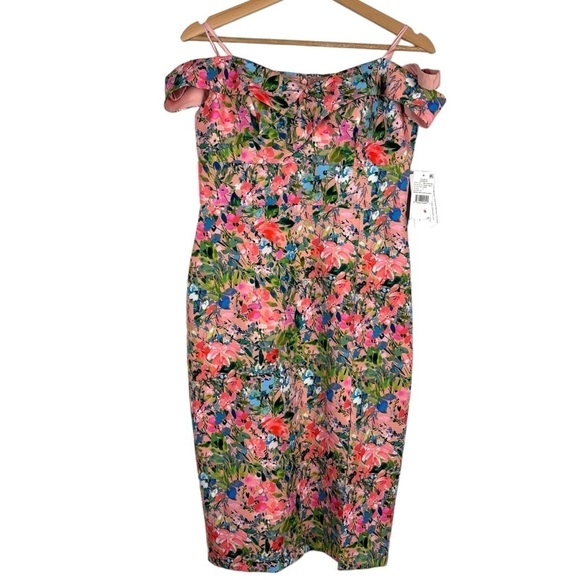 AIDAN MATTOX FLORAL OFF THE SHOULDER PRINTED CREPE SHEATH COCKTAIL DRESS - Picture 4 of 15
